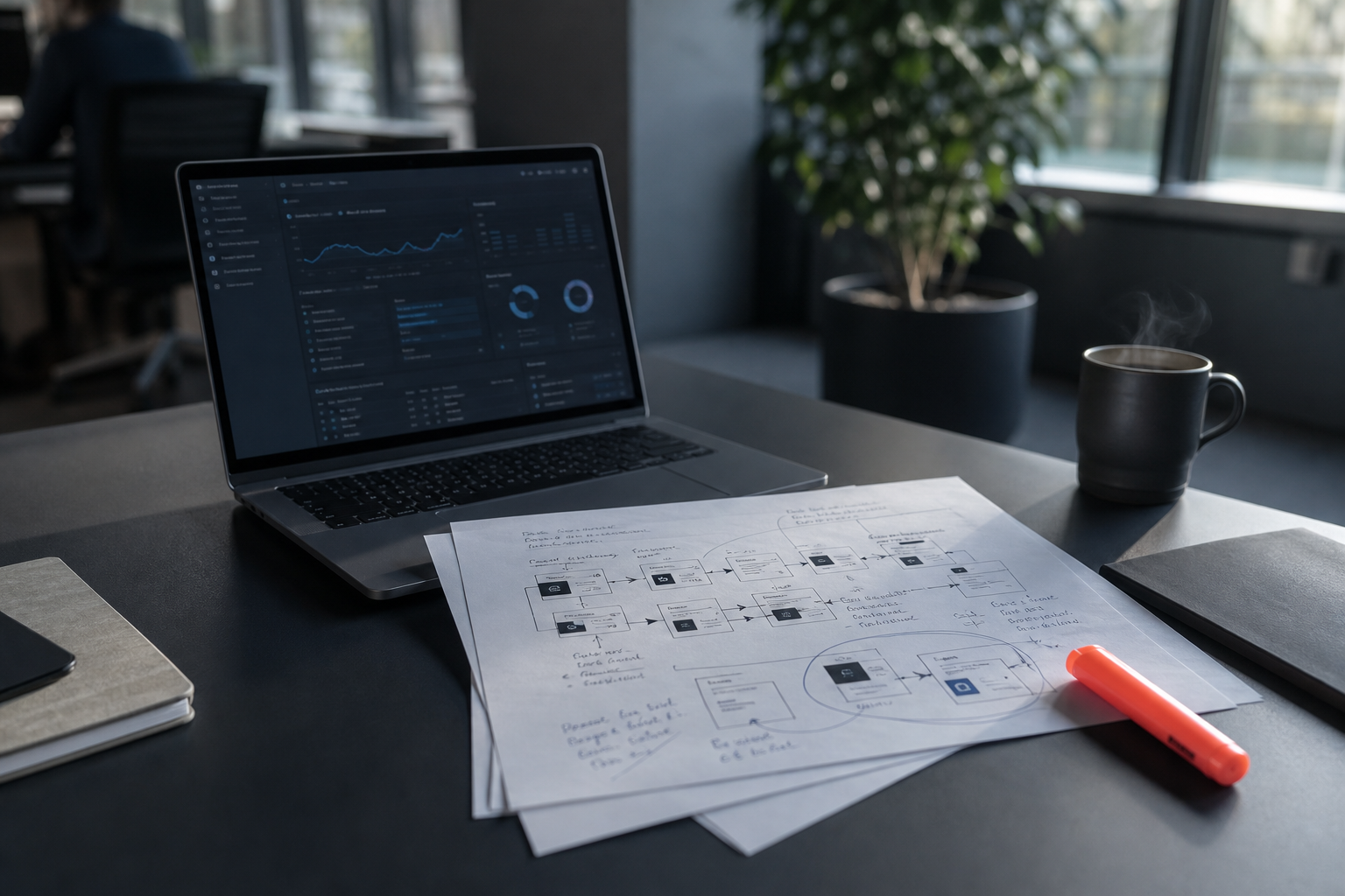 Skrivebord set skråt ovenfra med bærbar computer, printede AI-arbejdsgangsdiagrammer med håndskrevne noter, kaffekop og en koralfarvet overstregningstusch